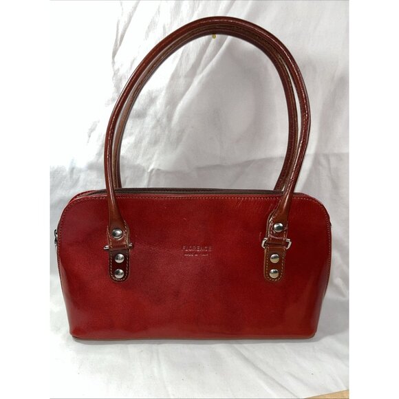Christian Florence Made In Italy Leather HandBag Red With Brown Handle Dust Bag - Picture 2 of 15